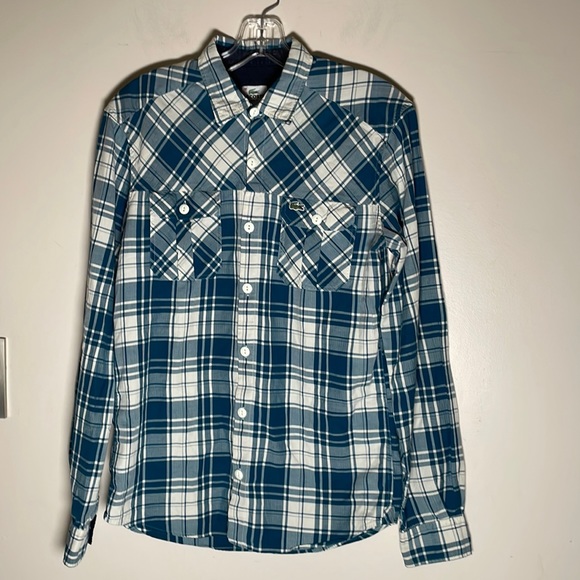Lacoste Other - Men’s Lacoste blue white linen plaid button down long sleeve, size 38 S Slim fit